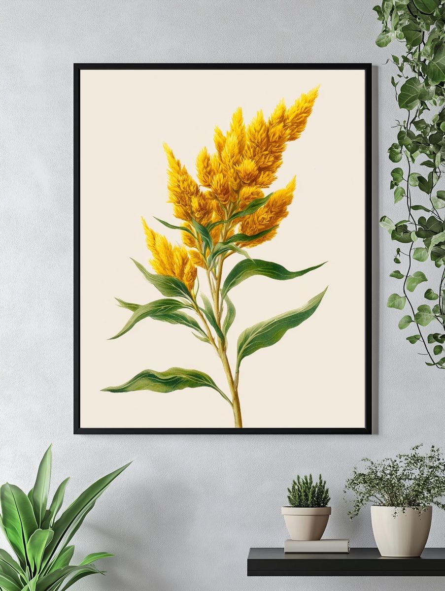 Yellow Celosia Botanical Print. — room view 4