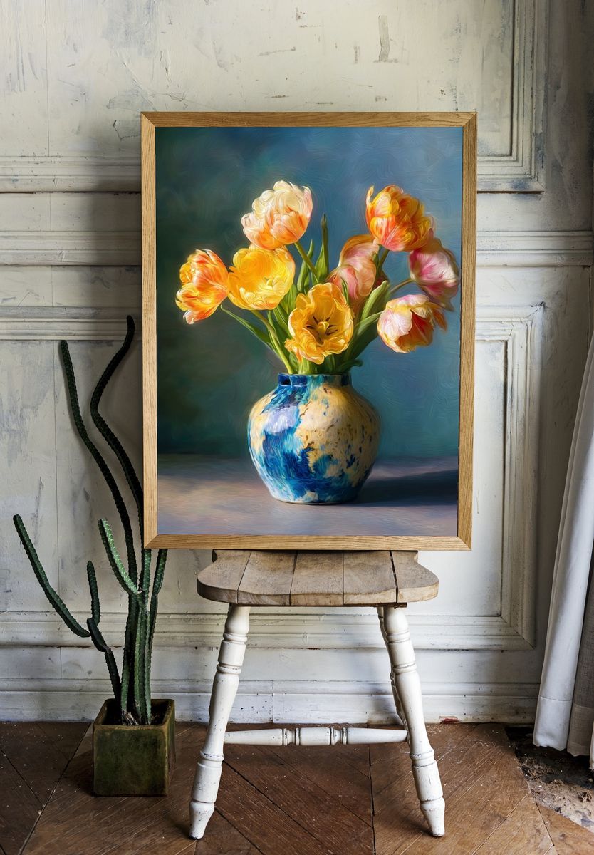 Tulips in Blue Vase — Fine Art Print. — room view 1