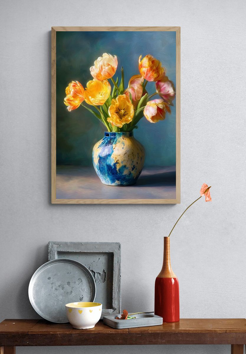 Tulips in Blue Vase — Fine Art Print. — room view 3