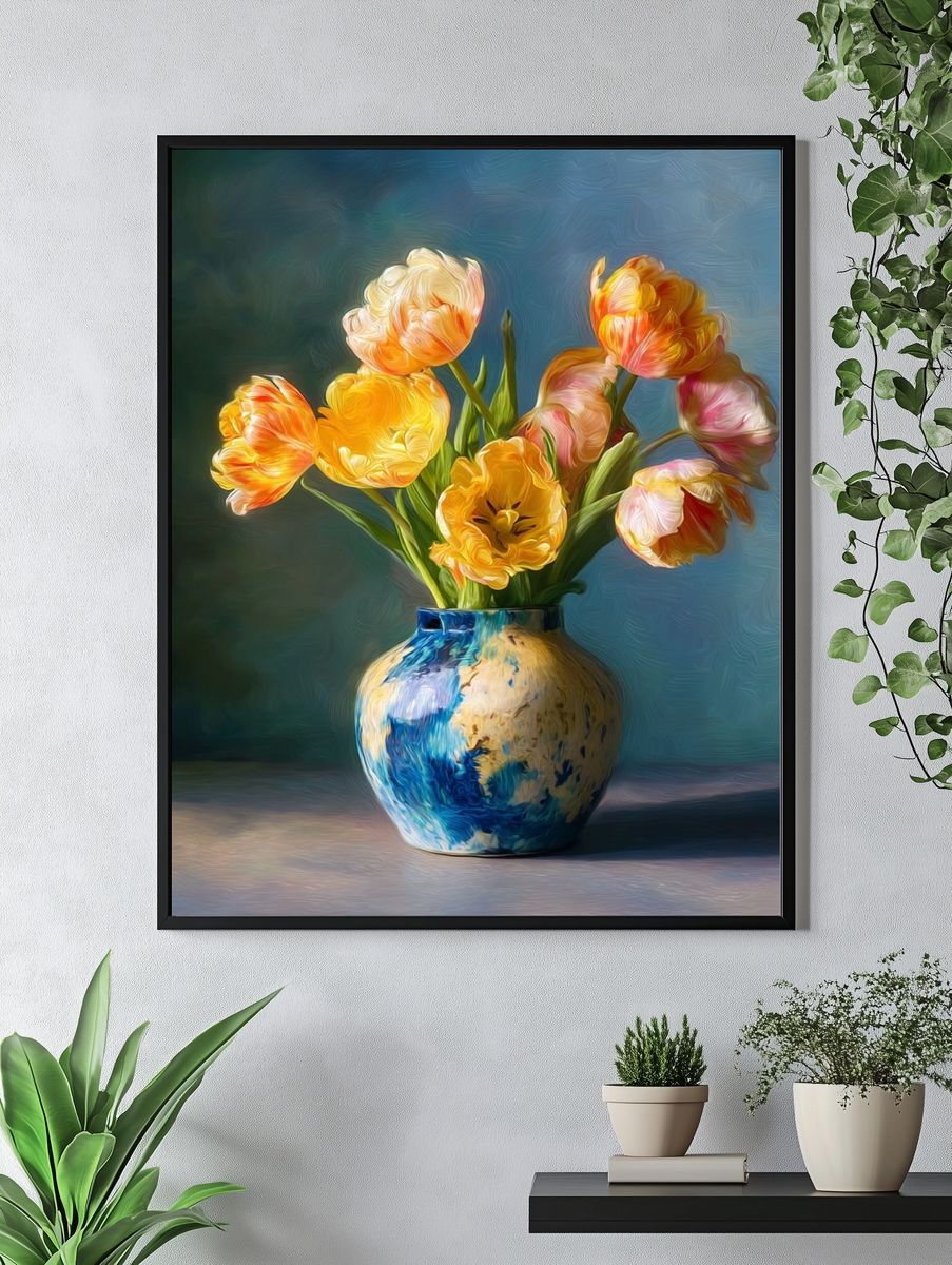 Tulips in Blue Vase — Fine Art Print. — room view 4