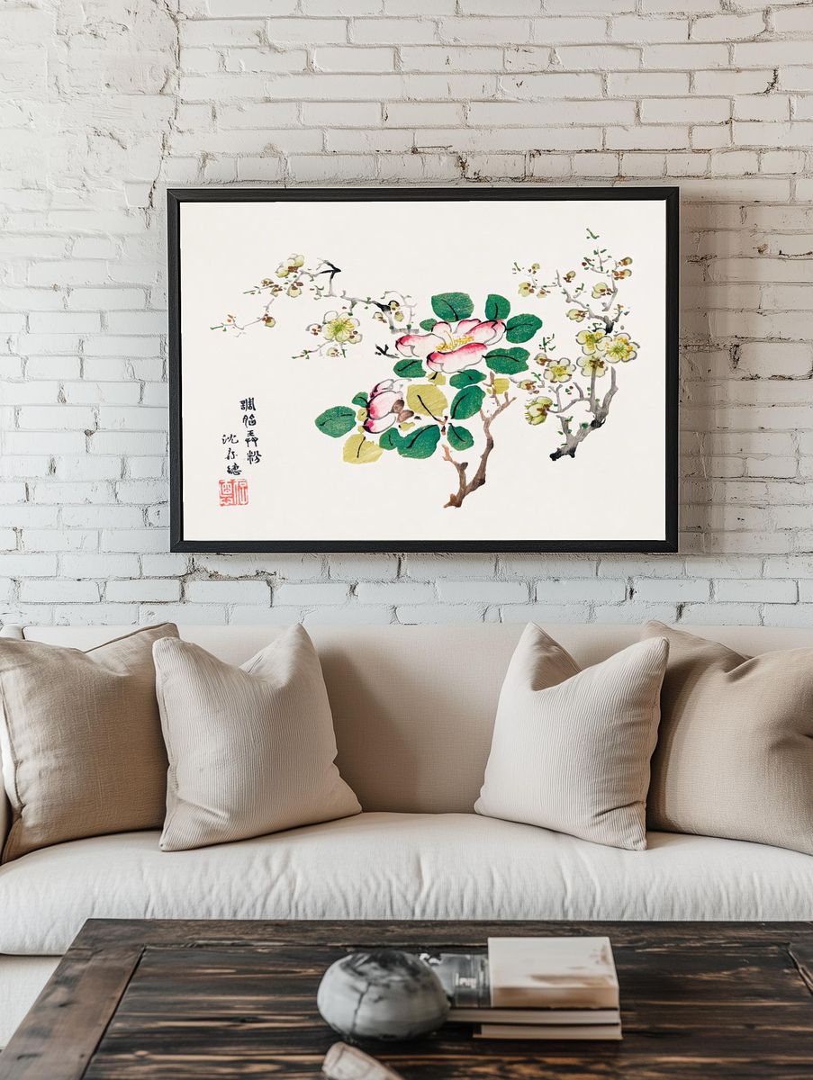 Cherry Blossom and Camellia — Botanical Print. — room view 1