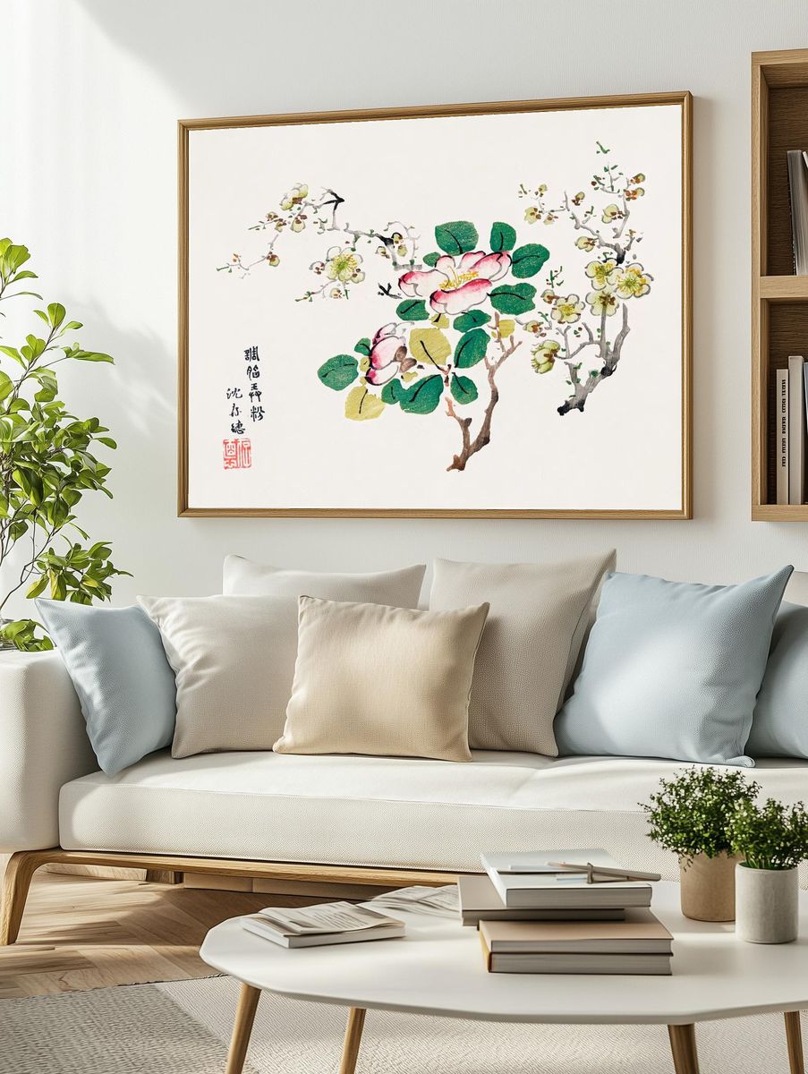 Cherry Blossom and Camellia — Botanical Print. — room view 2