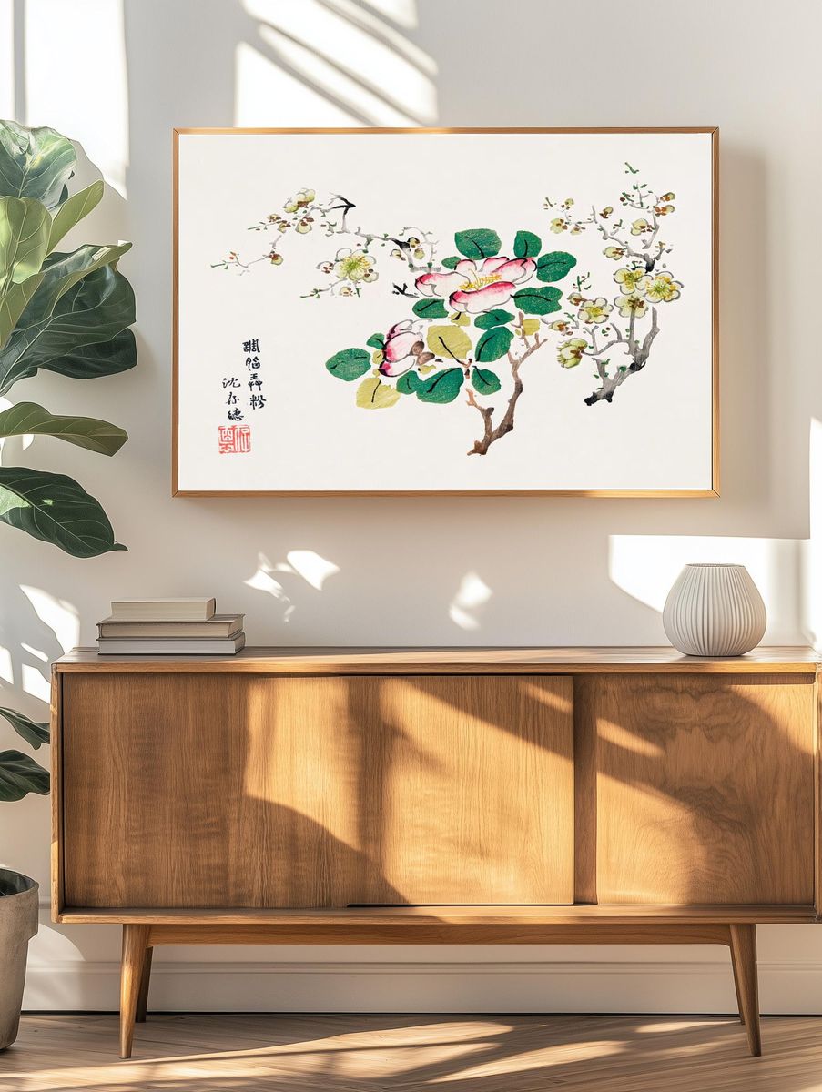 Cherry Blossom and Camellia — Botanical Print. — room view 3