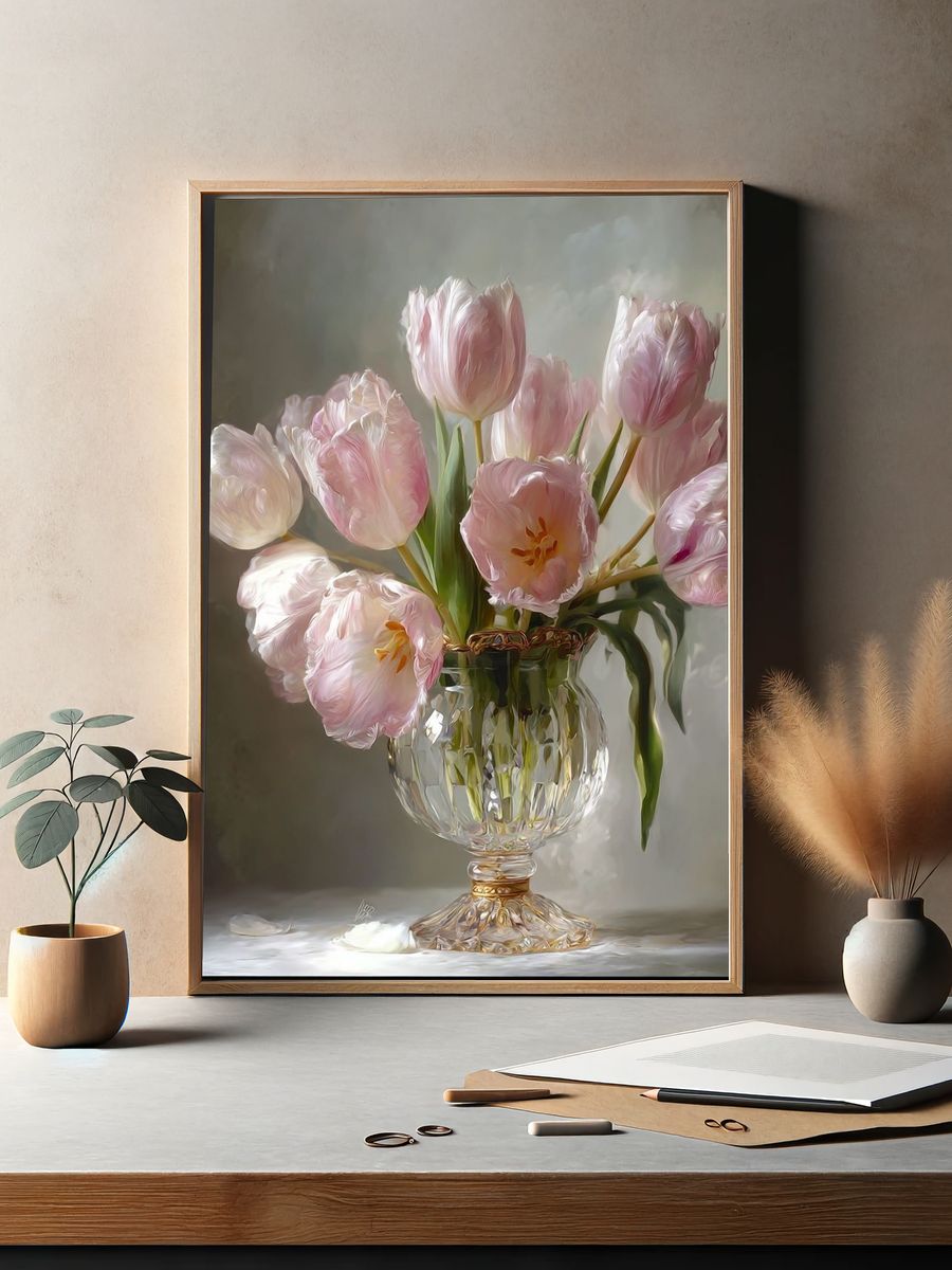 Pink Tulips in Crystal Vase — Botanical Print. — room view 2