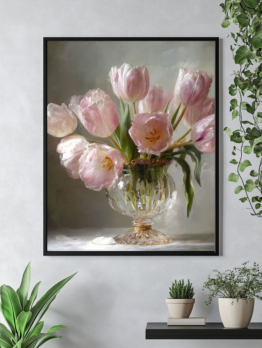 Pink Tulips in Crystal Vase — Botanical Print. — room view 4