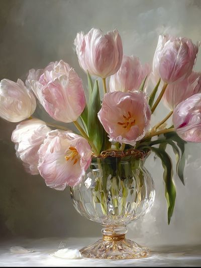 Pink Tulips in Crystal Vase — Botanical Print. poster