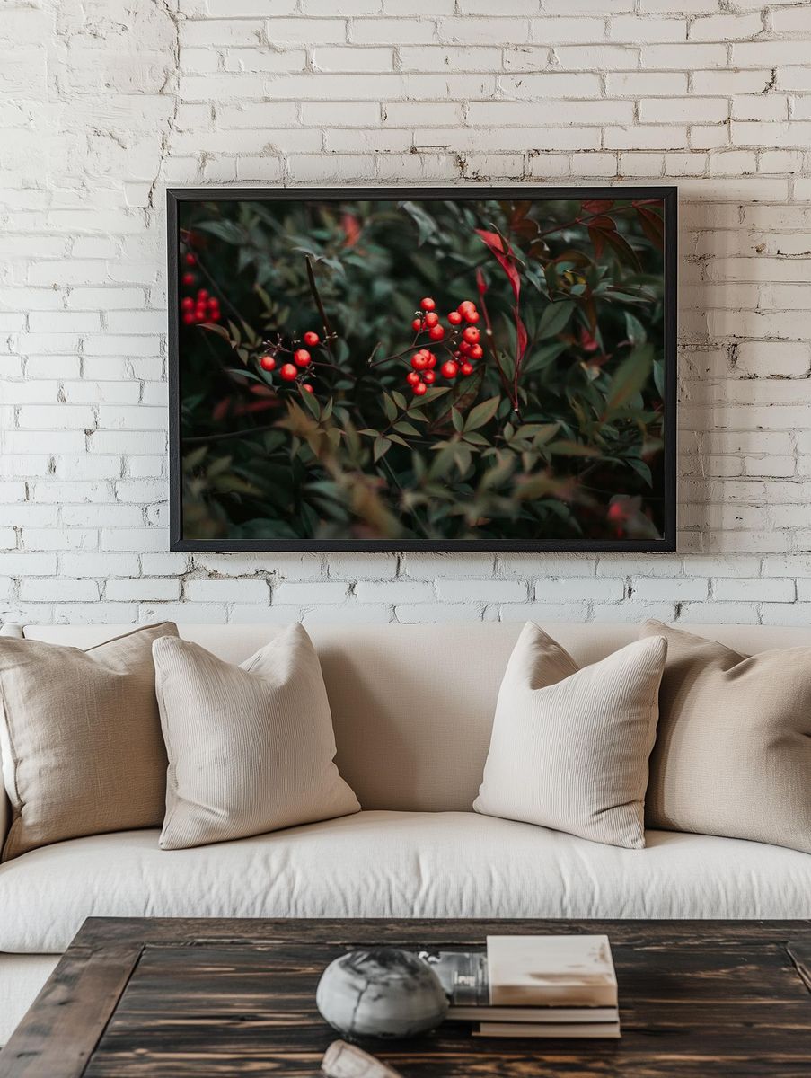 Red Berries in Green Leaves — Botanical Print. — room view 1