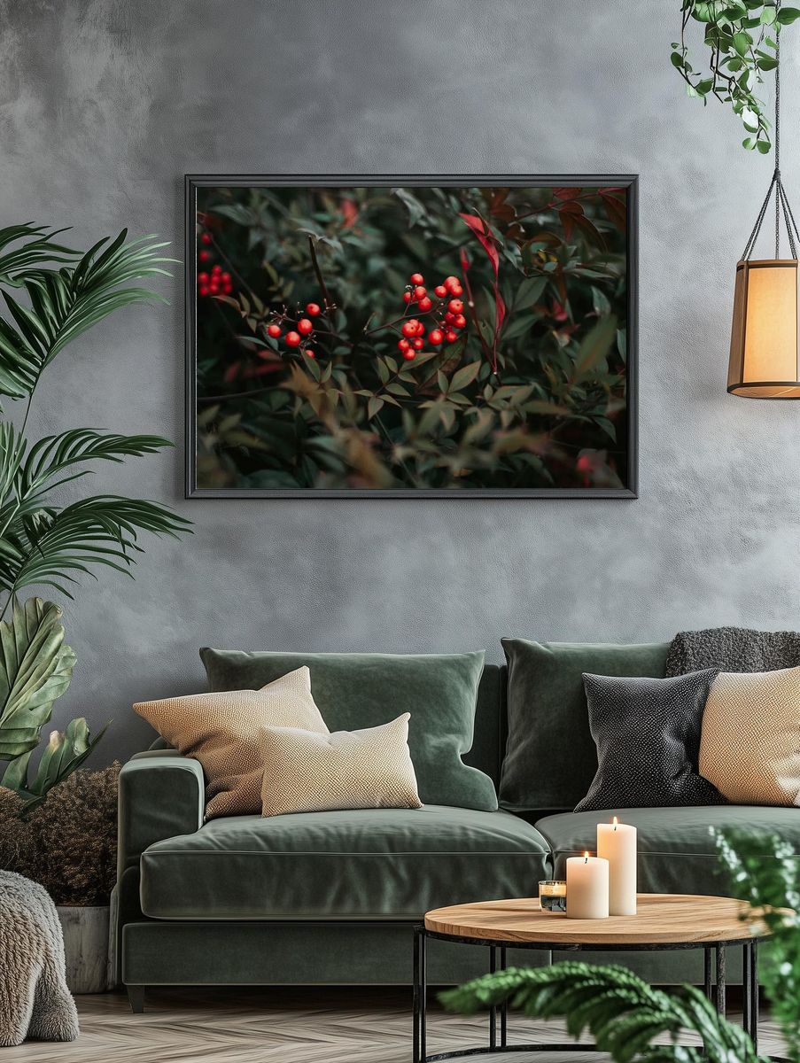 Red Berries in Green Leaves — Botanical Print. — room view 4