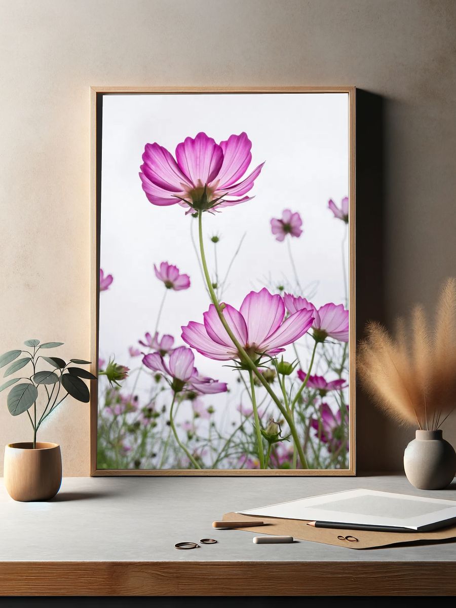 Pink Cosmos Flowers — Botanical Print. — room view 2