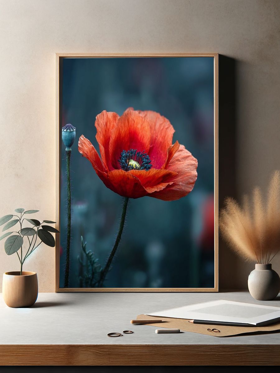Vibrant Red Poppy — Botanical Print. — room view 2