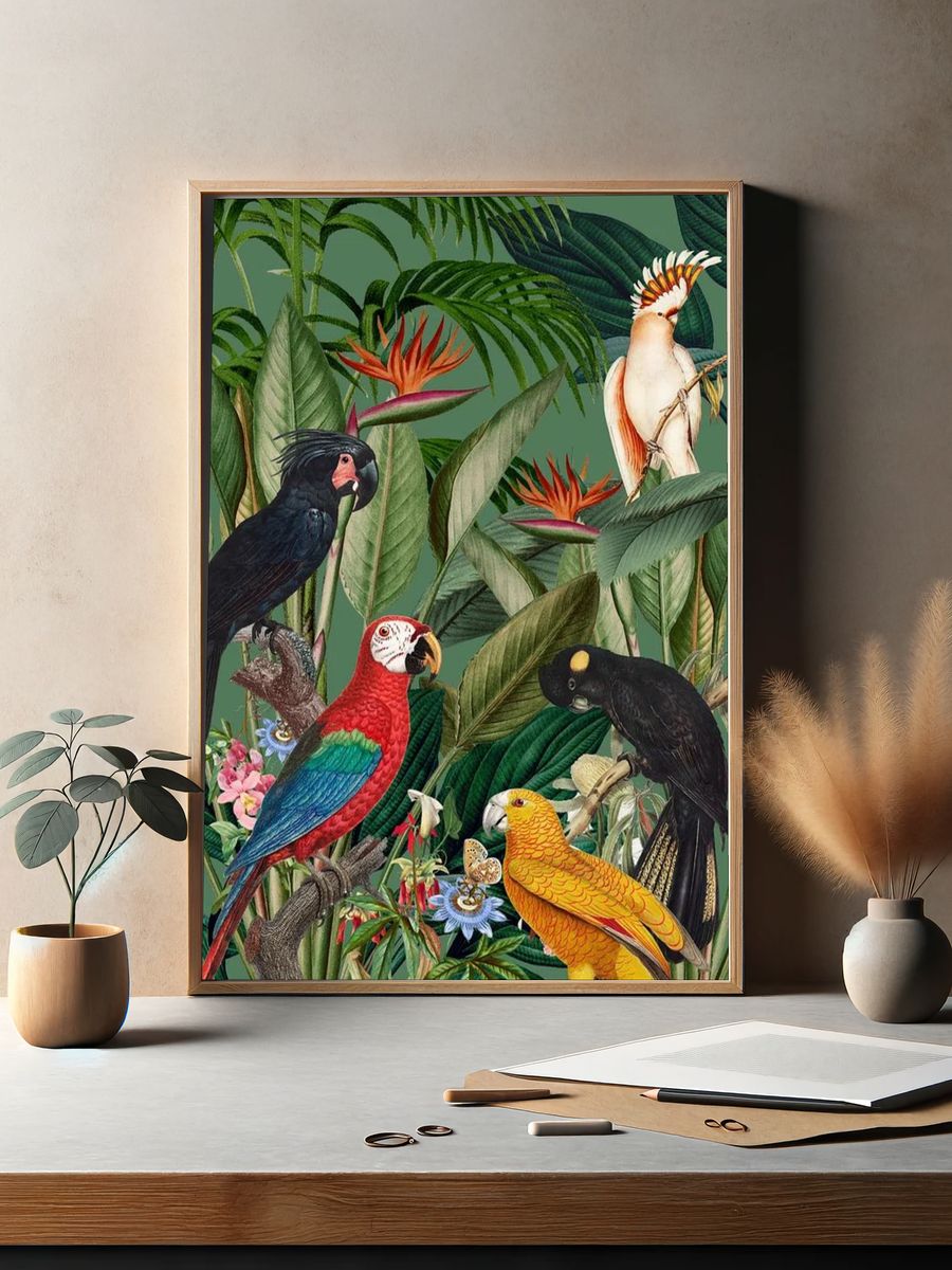 Tropical Birds and Flora — Botanical Print. — room view 2