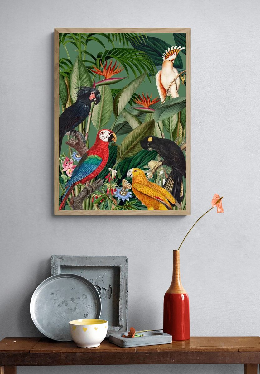 Tropical Birds and Flora — Botanical Print. — room view 3