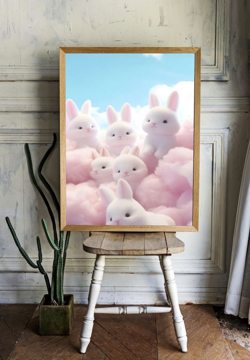 Cute Bunnies in Cotton Candy Clouds Poster. room preview