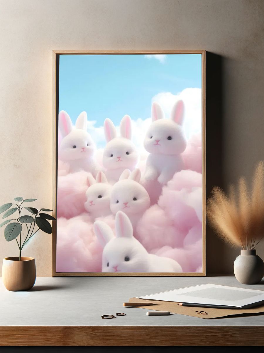 Cute Bunnies in Cotton Candy Clouds Poster. — room view 2