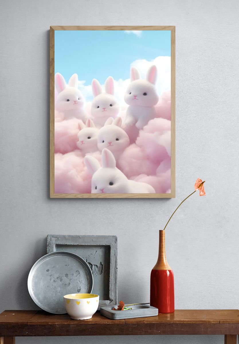 Cute Bunnies in Cotton Candy Clouds Poster. — room view 3