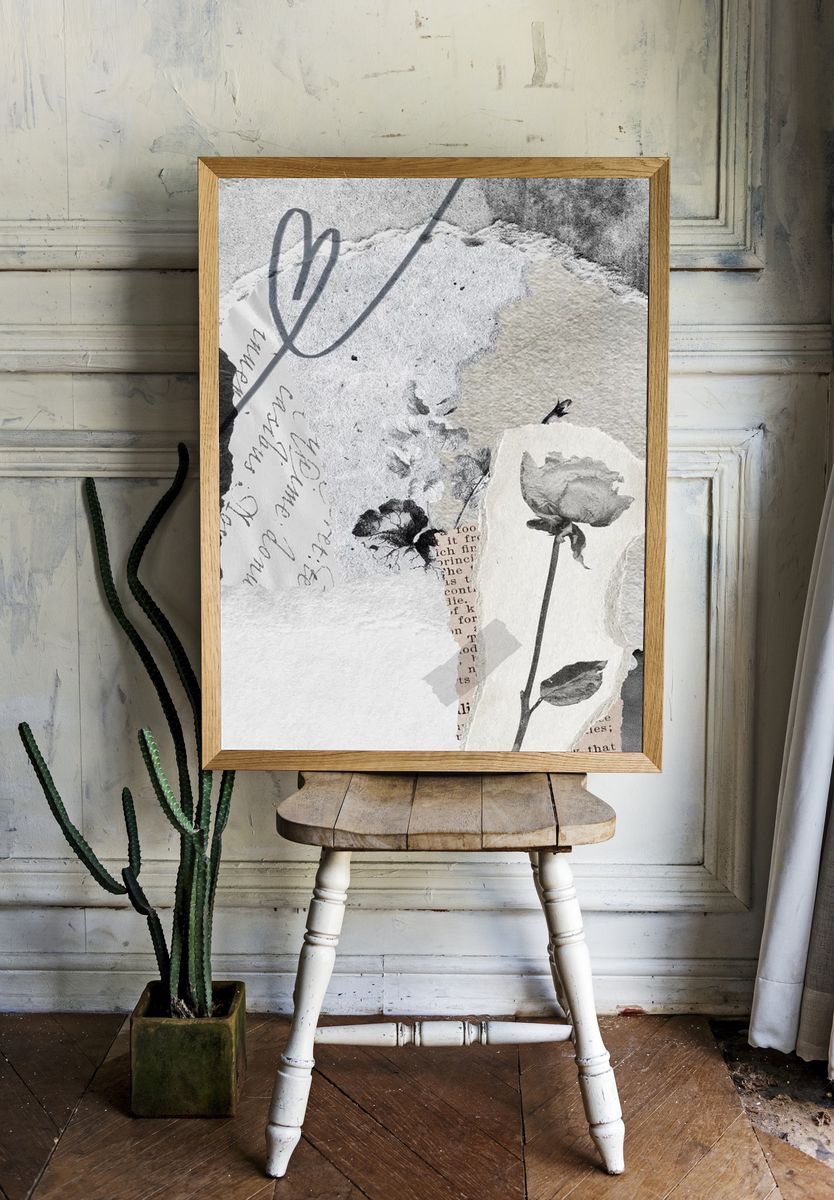 Black and White Floral Collage Poster. — room view 1