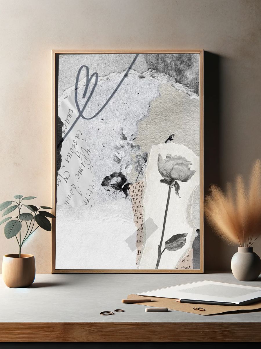Black and White Floral Collage Poster. — room view 2