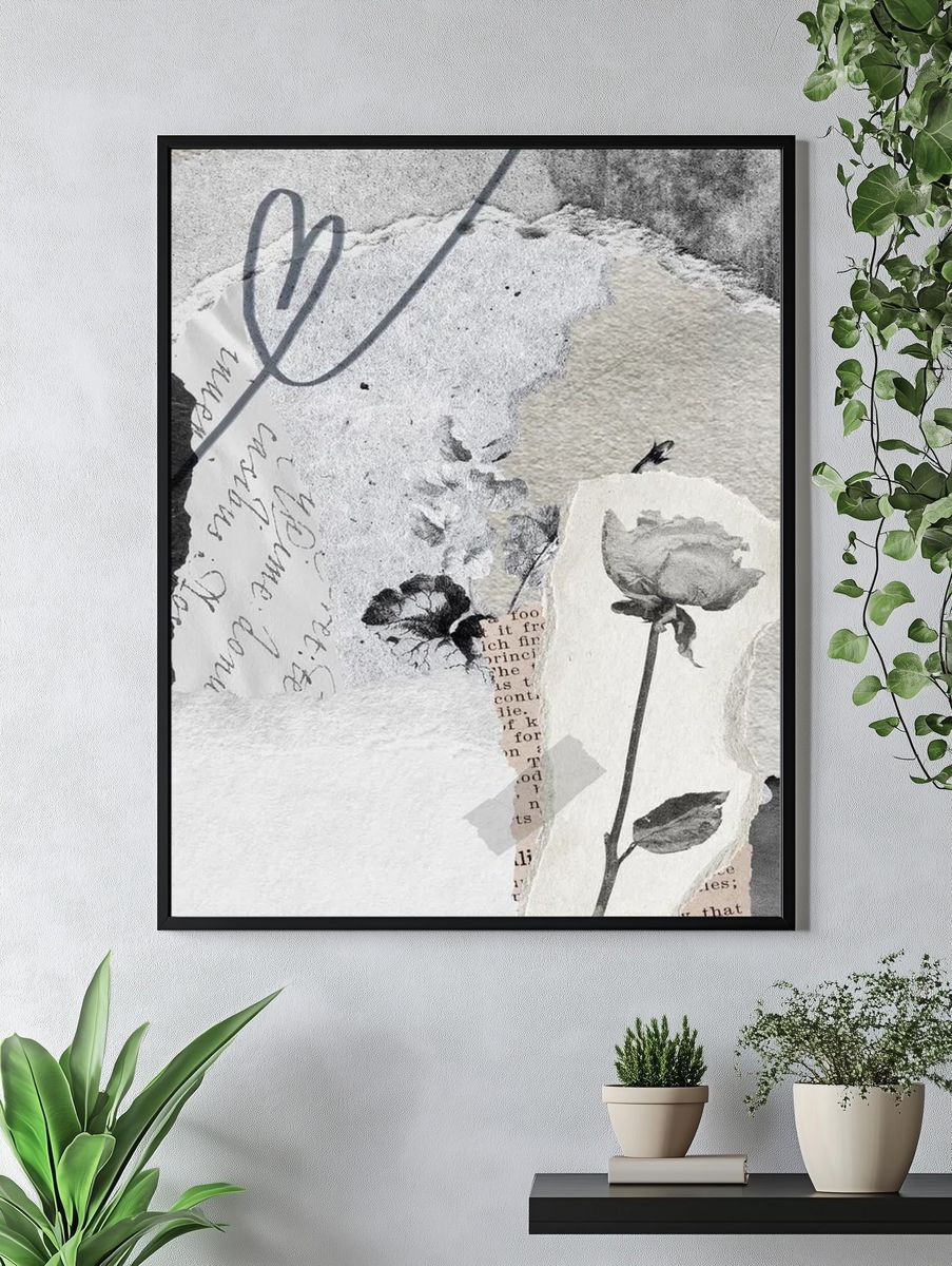 Black and White Floral Collage Poster. — room view 4