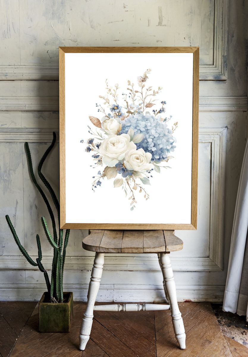 Blue and White Floral Watercolor Poster. — room view 1