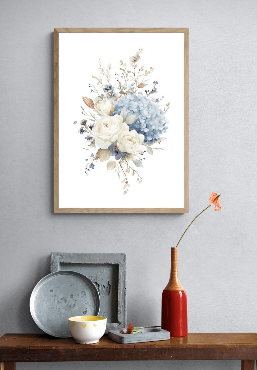 Blue and White Floral Watercolor Poster. — room view 3