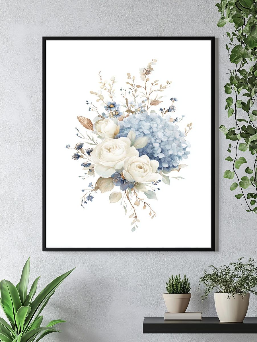Blue and White Floral Watercolor Poster. — room view 4