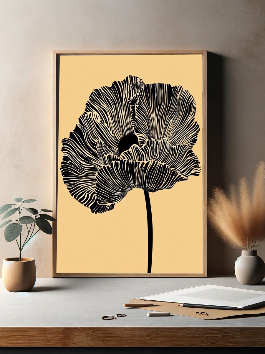 Black and White Poppy — Line-Art Print. — room view 2