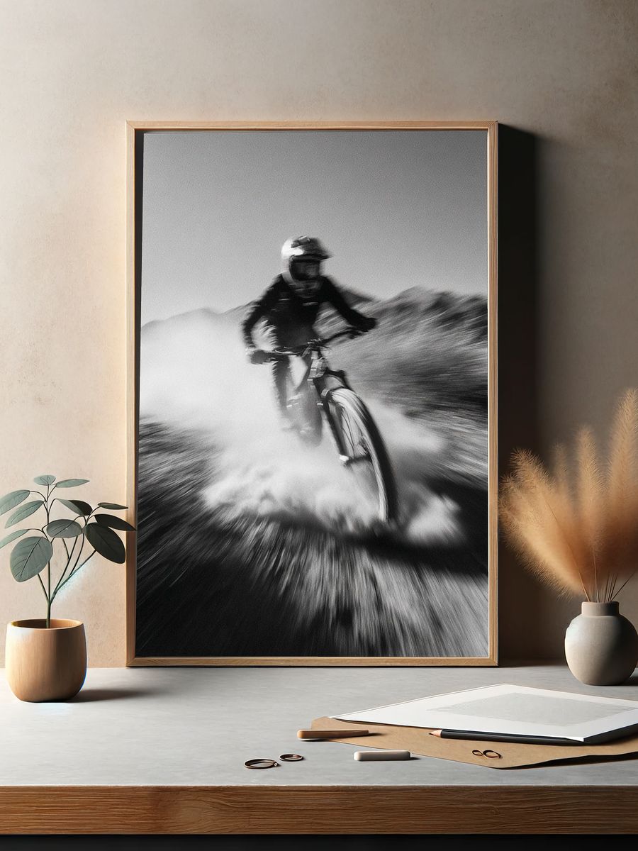 Mountain Biker in Motion — Black and White Print. — room view 2