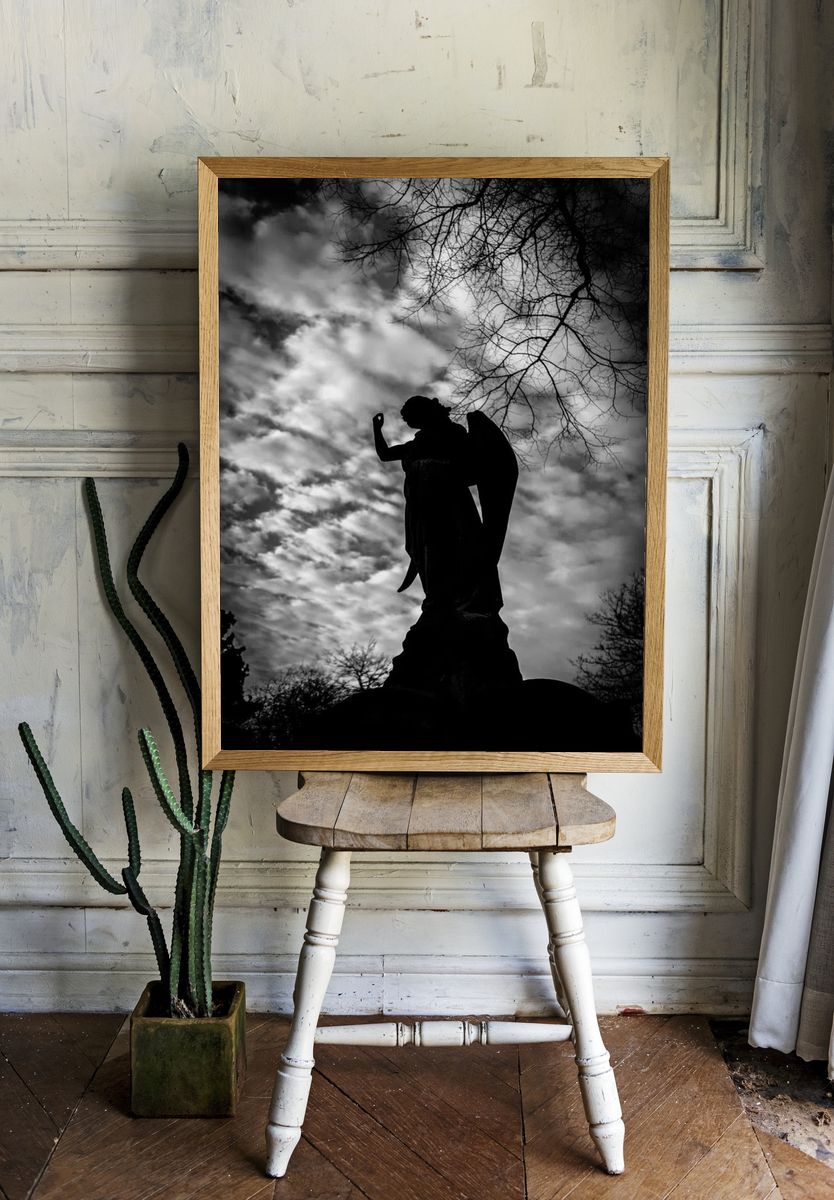 Angel Statue — Black and White Print. — room view 1