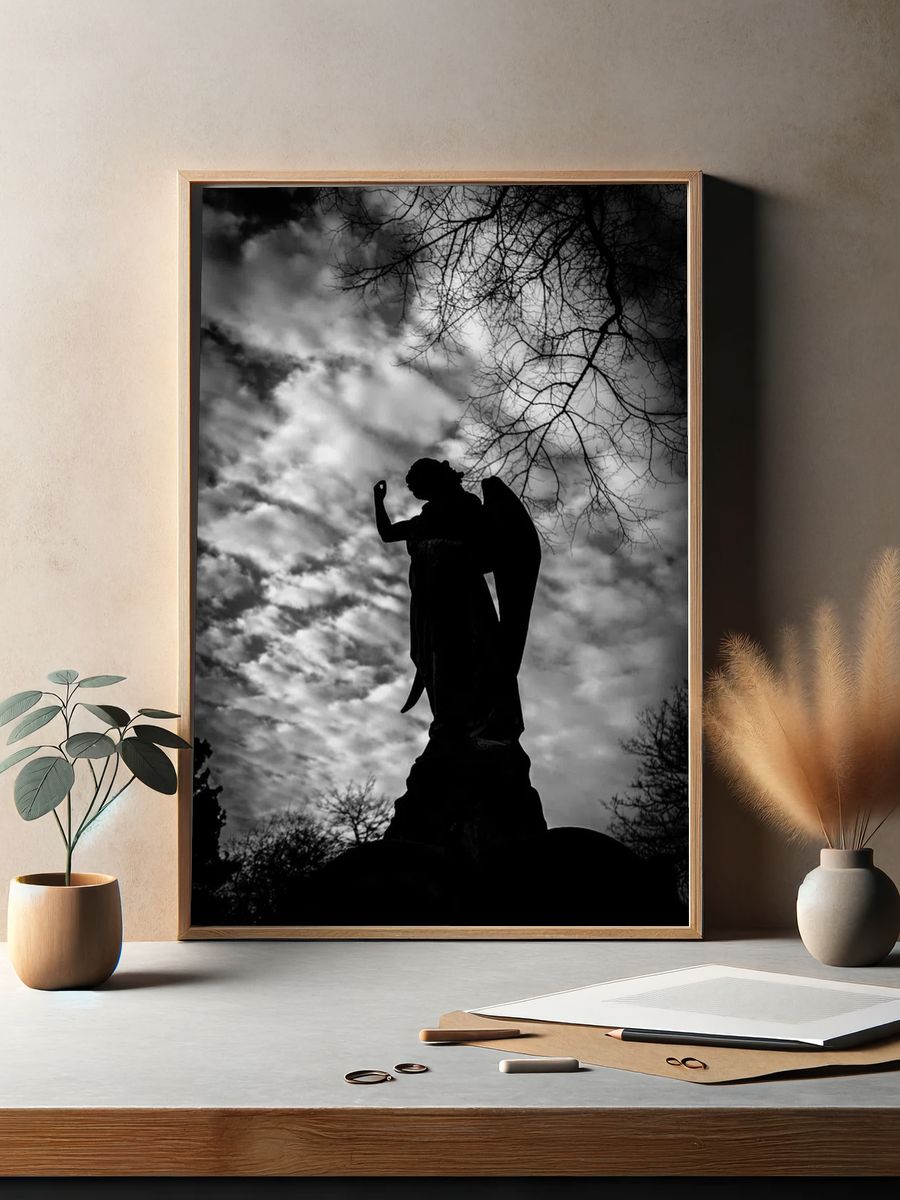 Angel Statue — Black and White Print. — room view 2