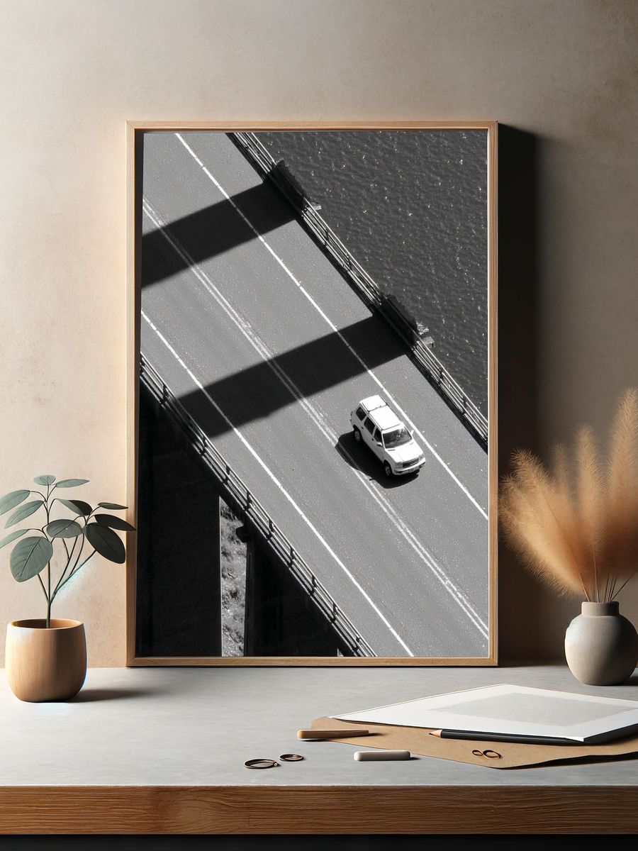 Car on Bridge — Black-White Photography Poster. — room view 2