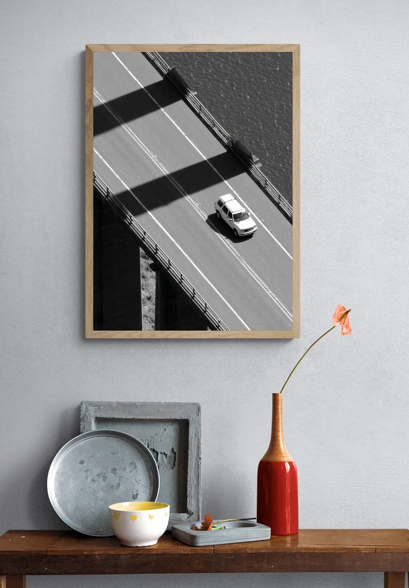 Car on Bridge — Black-White Photography Poster. — room view 3