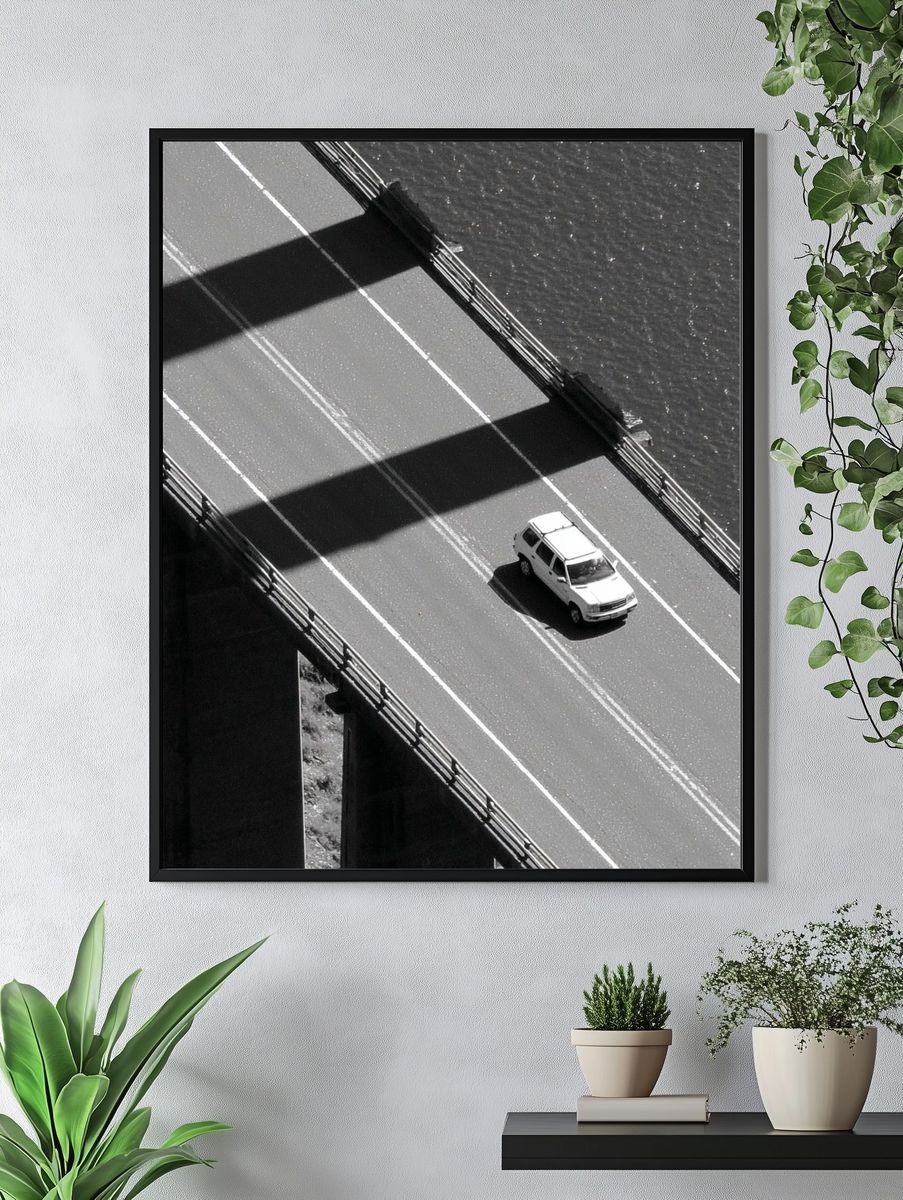 Car on Bridge — Black-White Photography Poster. — room view 4