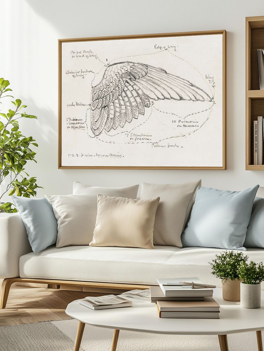 Detailed Bird Wing Sketch — Fine Art Print. — room view 2