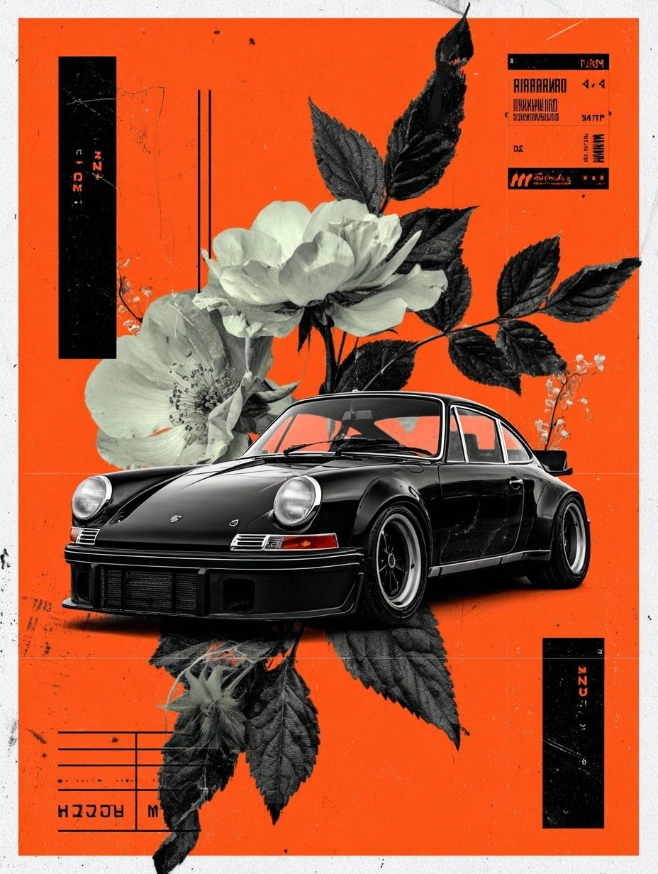 Classic Car with Floral Elements — Art Print. poster — fine-art art