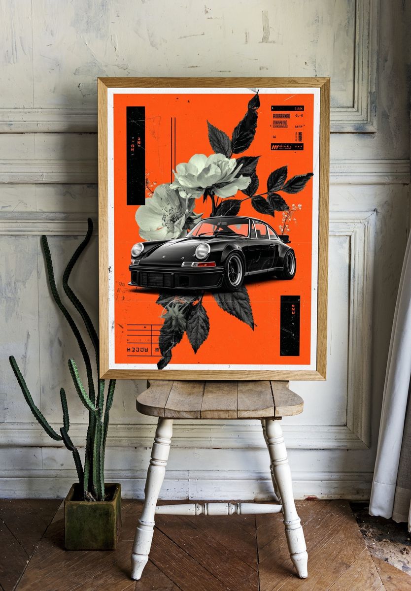 Classic Car with Floral Elements — Art Print. — room view 1