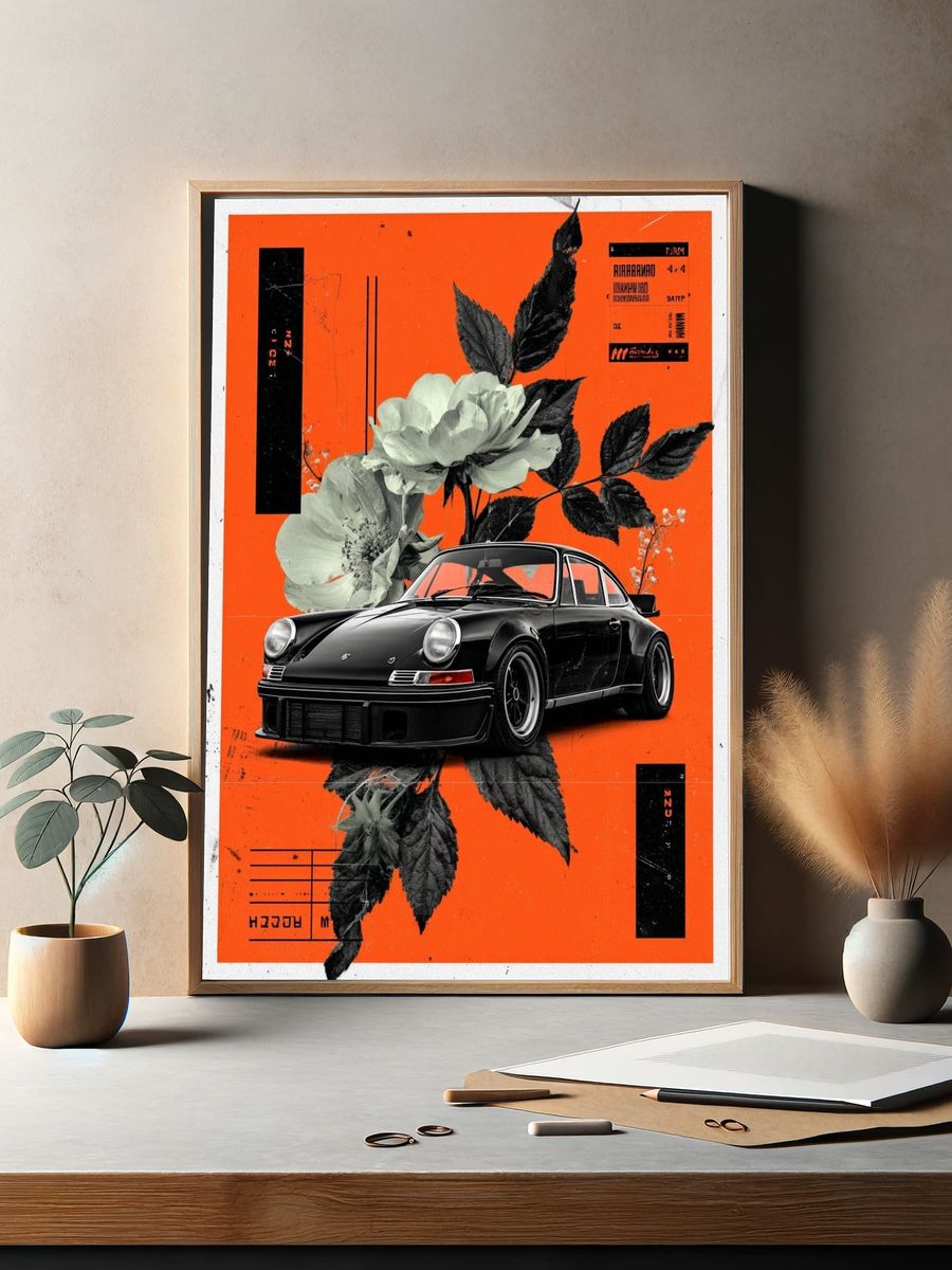 Classic Car with Floral Elements — Art Print. — room view 2