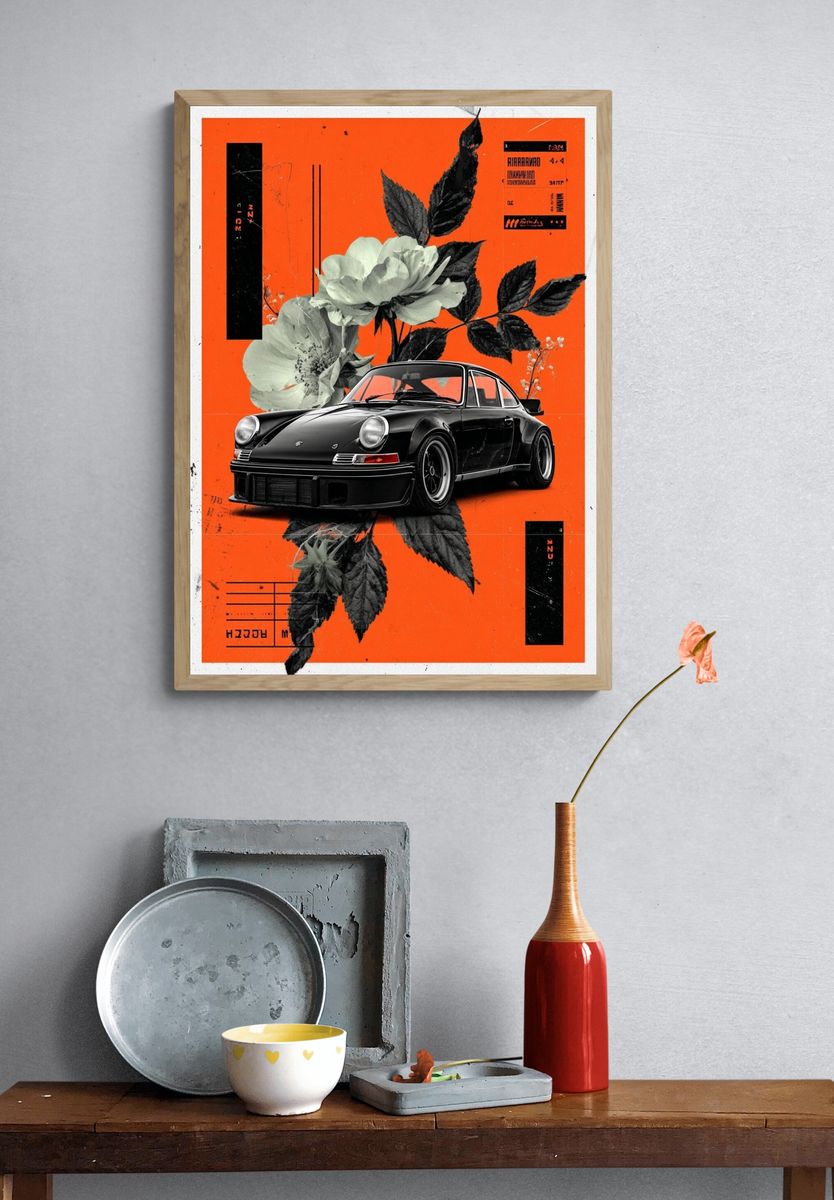 Classic Car with Floral Elements — Art Print. — room view 3