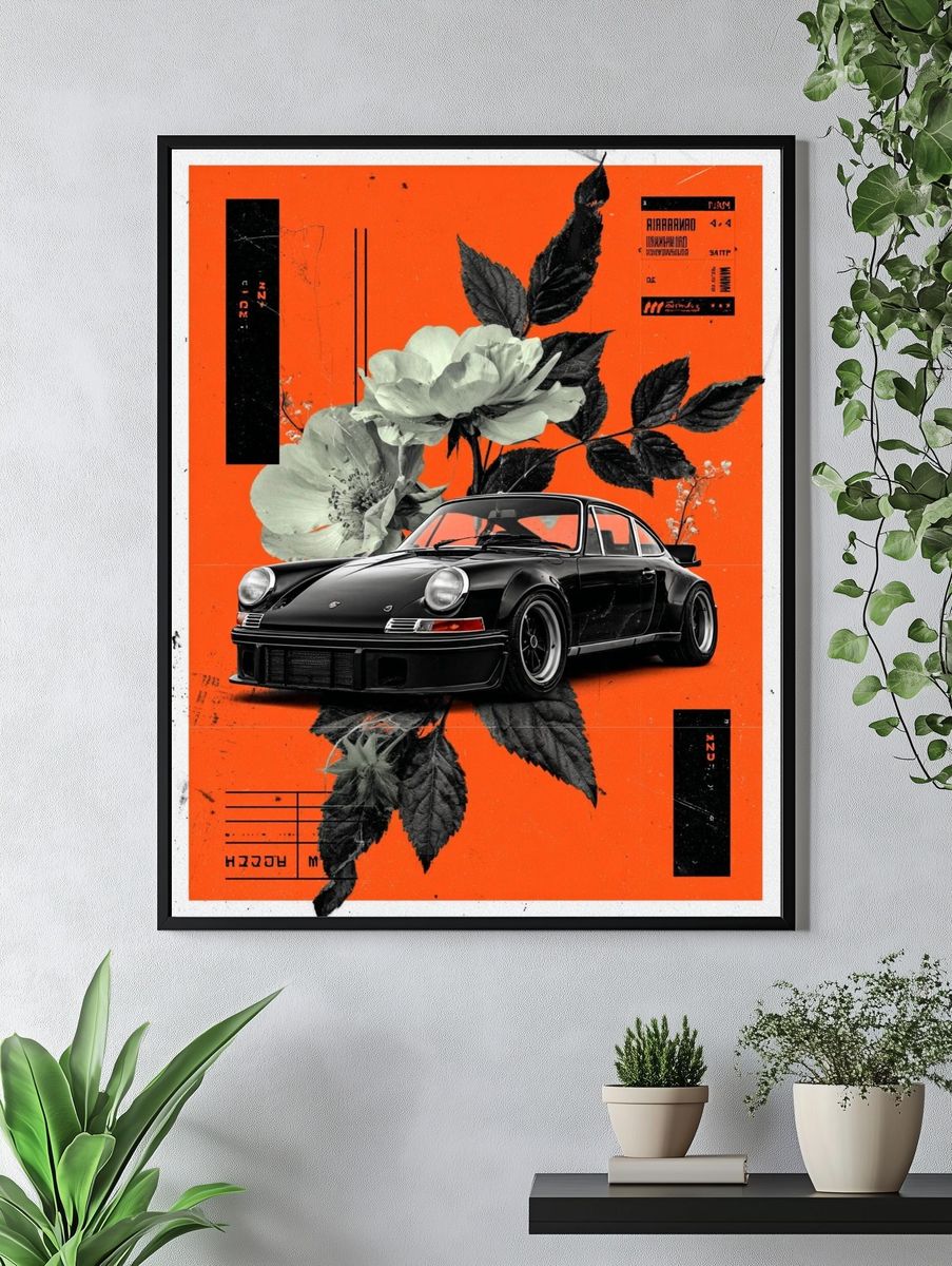 Classic Car with Floral Elements — Art Print. — room view 4