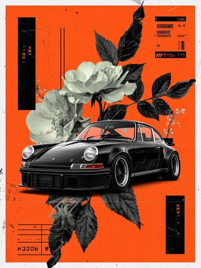 Classic Car with Floral Elements — Art Print. poster print