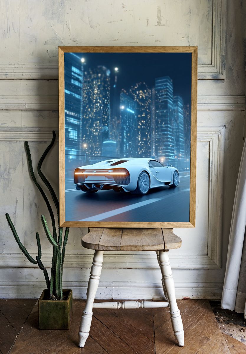 Luxury Sports Car Night Cityscape Poster. — room view 1