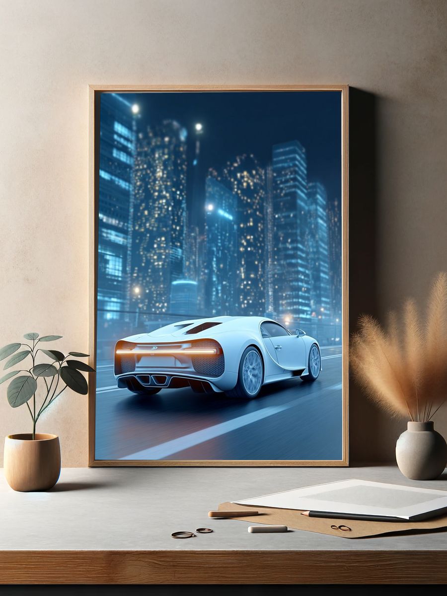 Luxury Sports Car Night Cityscape Poster. — room view 2