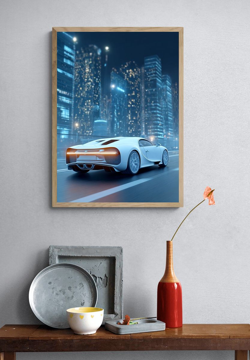 Luxury Sports Car Night Cityscape Poster. — room view 3