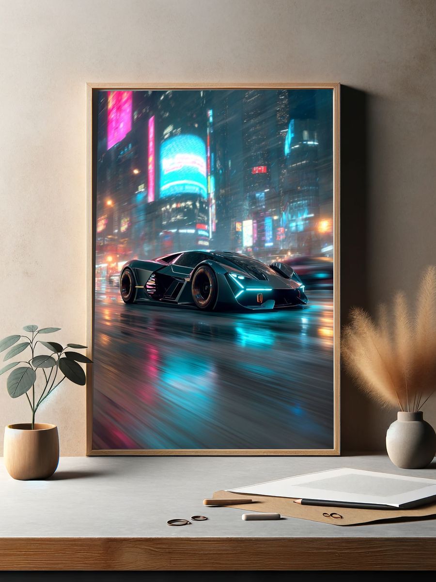 Futuristic Sports Car — Digital Art Print. — room view 2