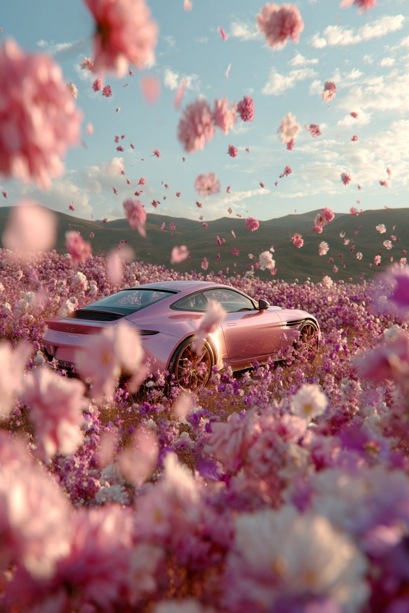 Pink Sports Car in Flower Field Poster. poster detail
