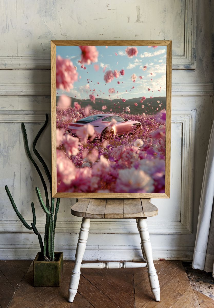 Pink Sports Car in Flower Field Poster. — room view 1