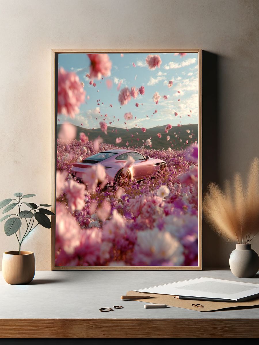 Pink Sports Car in Flower Field Poster. — room view 2