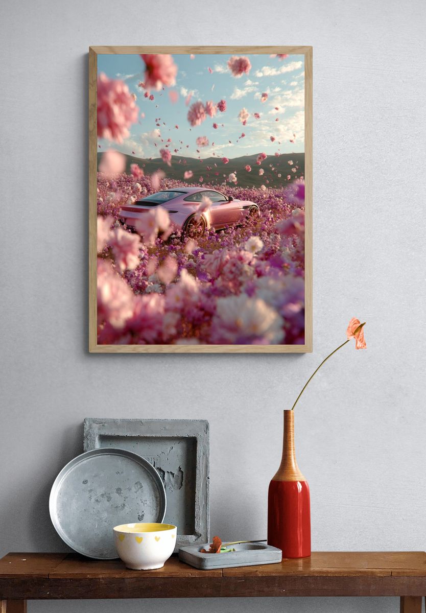 Pink Sports Car in Flower Field Poster. — room view 3