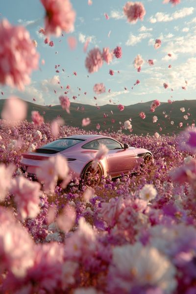 Pink Sports Car in Flower Field Poster. poster