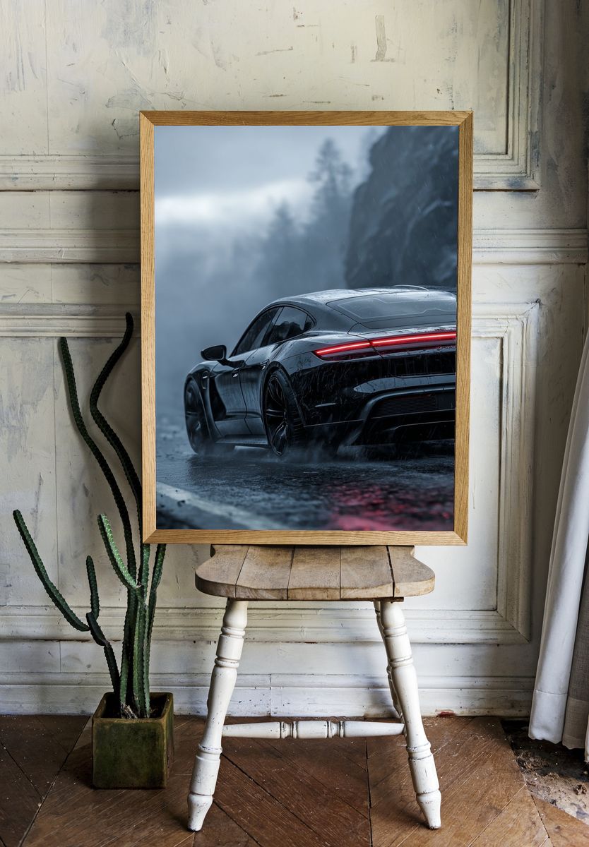 Sleek Black Car in Rain — Photography Print. — room view 1