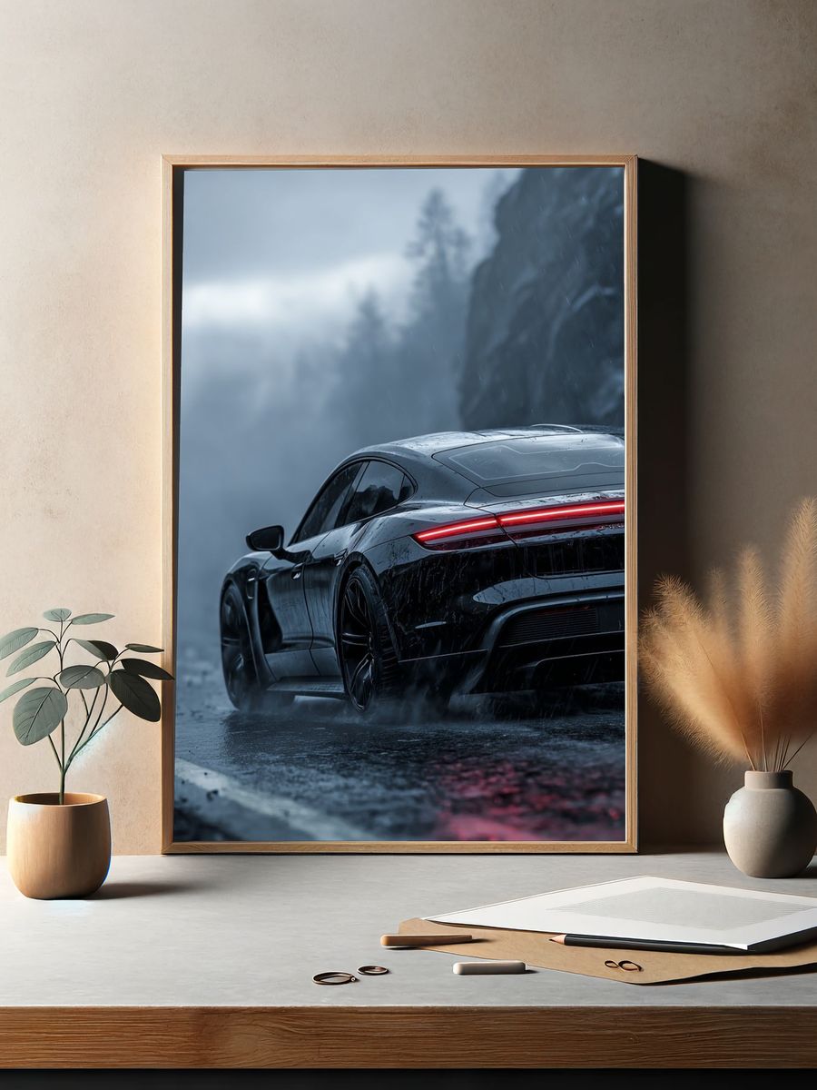 Sleek Black Car in Rain — Photography Print. — room view 2
